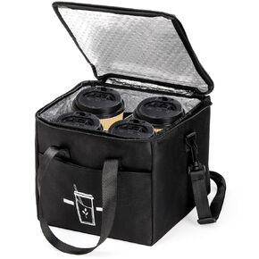 ZEAYEA 4 Cups Reusable Drink Carrier for Delivery, Insulated Drink Caddy with Removable Dividers, Handle and Shoulder Strap, Beverages Carrier Tote Bag for Take Out, Travel, Outdoors