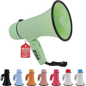 Pyle 20W Megaphone Bullhorn - Portable, Automatic Siren & Adjustable Volume,Projection Range Up to 400 Square Yards, Aux Input, Talk, Siren, Music, Whistle, & Record, Shoulder Strap (Green)