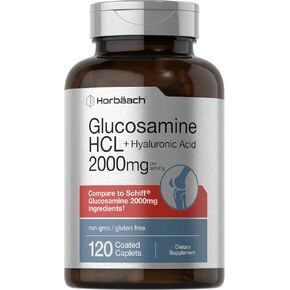 Horbäach Glucosamine HCL | with Hyaluronic Acid | 2000mg | 120 Coated Caplets | Non-GMO & Gluten Free Supplement
