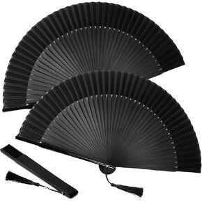 JOHOUSE 2PCS Bamboo Silk Folding Fan, Chinese Vintage Retro Fabric Fans Black Handheld Fan for Performance, Dance, Fighting, Wedding, Church, Party & Gift