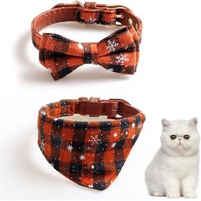Dog Cat Collar and Bandana Set Pet Christmas Collar Classic Plaid Snowflake Adjustable Collars with Bow and Triangle Bibs Kerchief，Green Snowflake + Bandana