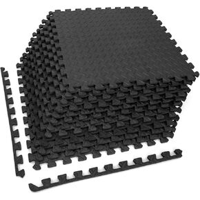 Tangkula 12 Tiles Exercise Flooring Mats with Border, Non-Slip EVA Foam Protective Mats, Elastic Puzzle Play Mats, 1/2" Interlocking Floor Mats for Home Gym, Fitness Room, Workshop Equipment(Black)