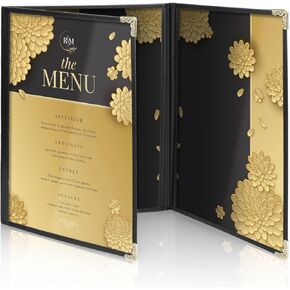Flexzion Menu Holder 9.4" x 12.4" - Triple Stitched Menu Covers with Clear PVC, Black Binding & Gold Corners, Trifold 3 Pages 6 Views Menu Book for Restaurant, Cafe, Bar, & Catering Hall (6 Pack)