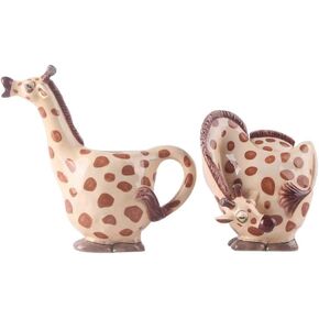 7" x 3.5" x 6.5" and 4.5" x 4" x 5" Giraffe Creamer and Sugar Bowl, Brown Spots