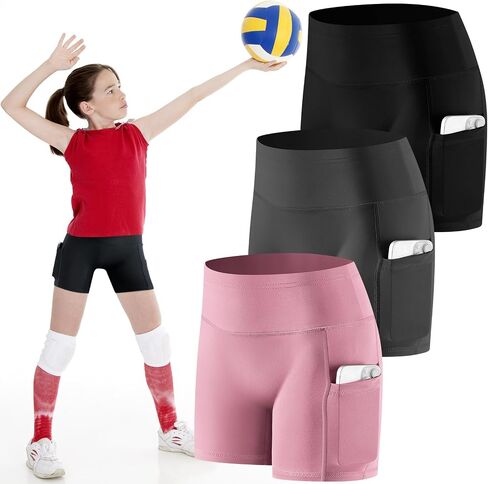 3 Pcs Volleyball Bike Shorts for Girls 4" Spandex Compression Shorts with Pocket for Athletic Gymnastics Running in Saudi Arabia