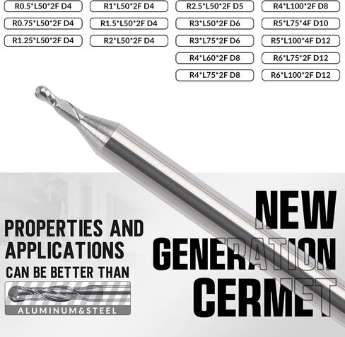 MYS Cermet Ball Nose End Mill -2 Flute-0.5mm, 0.75mm, 1.25mm, 1mm, 1.5mm for Drill Press & Milling Machine,CNC Router Bits Carbide Speed Square for Medium &Low-Carbon Steel (R1-L50-D4) in Saudi Arabia
