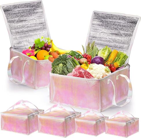6 عبوات من أكياس التبريد المعزولة، حقيبة تسوق بقالة مقاومة للماء وقابلة لإعادة الاستخدام مع سحاب، حقيبة توصيل طعام وردية لامعة محمولة للنزهات والنزهات in Kuwait