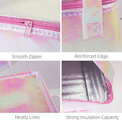 6 عبوات من أكياس التبريد المعزولة، حقيبة تسوق بقالة مقاومة للماء وقابلة لإعادة الاستخدام مع سحاب، حقيبة توصيل طعام وردية لامعة محمولة للنزهات والنزهات in Kuwait