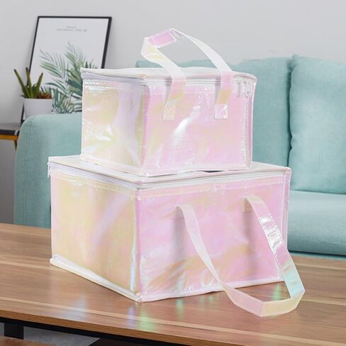 6 عبوات من أكياس التبريد المعزولة، حقيبة تسوق بقالة مقاومة للماء وقابلة لإعادة الاستخدام مع سحاب، حقيبة توصيل طعام وردية لامعة محمولة للنزهات والنزهات in Kuwait