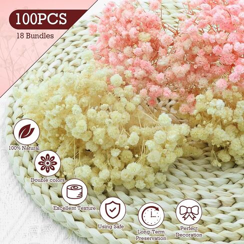 100Pcs Mini Dried Babys Breath Flowers Pink & White, 5600+ Baby's Breath Bulk Bouquet, Natural Dried Gypsophila Flowers for Resin, Home Vase Decor, Card Making DIY, Party, Wedding Flower Wreaths in Saudi Arabia
