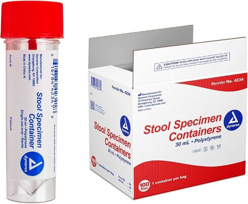 Dynarex Stool Specimen Containers, Non-Sterile, Bulk Packed, Specimen Cups with Spoon Cap Lids, Used for Fecal/Stool Specimen, Clear with Red Lid, 1 Box of 100 Dynarex Specimen Containers in Saudi Arabia