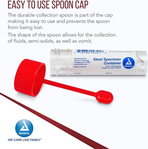 Dynarex Stool Specimen Containers, Non-Sterile, Bulk Packed, Specimen Cups with Spoon Cap Lids, Used for Fecal/Stool Specimen, Clear with Red Lid, 1 Box of 100 Dynarex Specimen Containers in Saudi Arabia