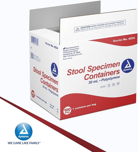 Dynarex Stool Specimen Containers, Non-Sterile, Bulk Packed, Specimen Cups with Spoon Cap Lids, Used for Fecal/Stool Specimen, Clear with Red Lid, 1 Box of 100 Dynarex Specimen Containers in Saudi Arabia
