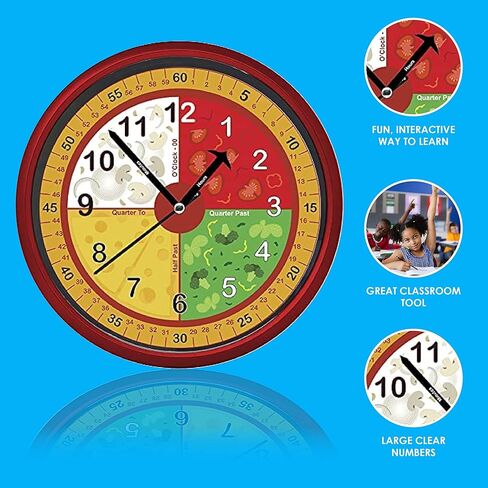 ساعة حائط تعليمية متعددة الألوان من اختيار المعلم | عملية صامتة - ساعة تعليمية للوقت مثالية للفصول الدراسية وغرف نوم الأطفال (بيتزا) in Kuwait