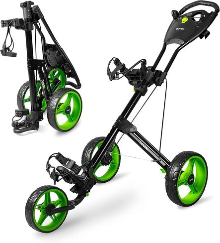 3 Wheel Collapsible Junior Golf Cart, Upper and Lower Brackets with Elastic Strap, Simple Quick Braking System, Golf Trolley Accessories, with New Deluxe Scorecard Holder and Bag Holder in Saudi Arabia