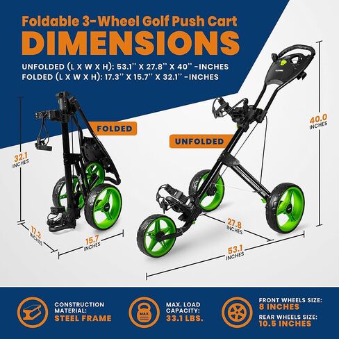 3 Wheel Collapsible Junior Golf Cart, Upper and Lower Brackets with Elastic Strap, Simple Quick Braking System, Golf Trolley Accessories, with New Deluxe Scorecard Holder and Bag Holder in Saudi Arabia