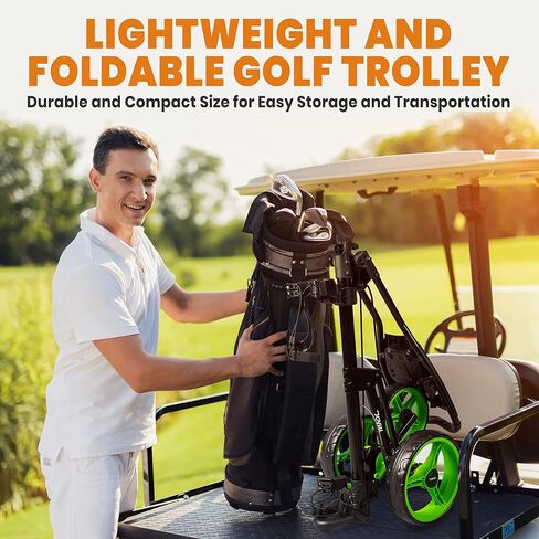 3 Wheel Collapsible Junior Golf Cart, Upper and Lower Brackets with Elastic Strap, Simple Quick Braking System, Golf Trolley Accessories, with New Deluxe Scorecard Holder and Bag Holder in Saudi Arabia