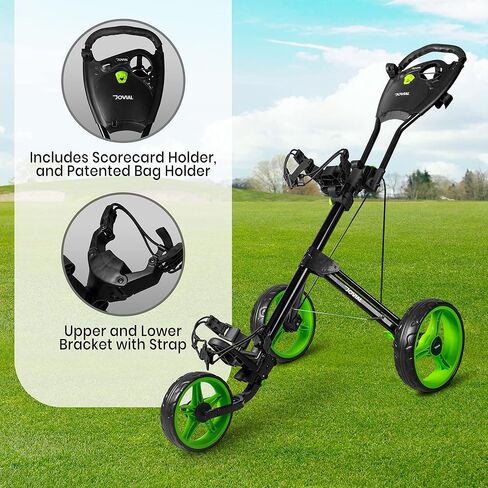 3 Wheel Collapsible Junior Golf Cart, Upper and Lower Brackets with Elastic Strap, Simple Quick Braking System, Golf Trolley Accessories, with New Deluxe Scorecard Holder and Bag Holder in Saudi Arabia