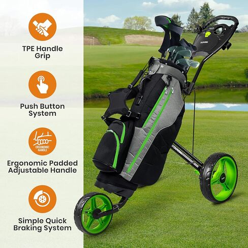 3 Wheel Collapsible Junior Golf Cart, Upper and Lower Brackets with Elastic Strap, Simple Quick Braking System, Golf Trolley Accessories, with New Deluxe Scorecard Holder and Bag Holder in Saudi Arabia