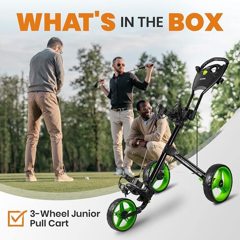 3 Wheel Collapsible Junior Golf Cart, Upper and Lower Brackets with Elastic Strap, Simple Quick Braking System, Golf Trolley Accessories, with New Deluxe Scorecard Holder and Bag Holder in Saudi Arabia