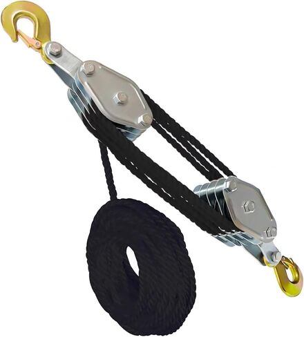Block and Tackle System 40400LB Breaking Strength 65 Feet 3/8" Rope Hoist Pulley 8:1 Ratio Lifting Power for Lifting Heavy Objects (4 Pulley-Black) in Saudi Arabia