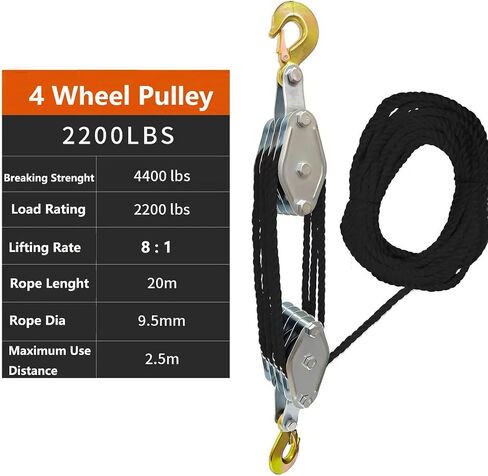 Block and Tackle System 40400LB Breaking Strength 65 Feet 3/8" Rope Hoist Pulley 8:1 Ratio Lifting Power for Lifting Heavy Objects (4 Pulley-Black) in Saudi Arabia