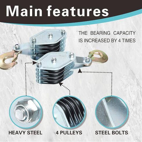 Block and Tackle System 40400LB Breaking Strength 65 Feet 3/8" Rope Hoist Pulley 8:1 Ratio Lifting Power for Lifting Heavy Objects (4 Pulley-Black) in Saudi Arabia