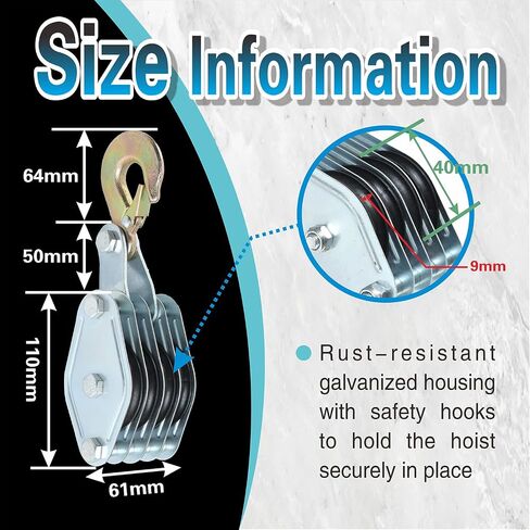 Block and Tackle System 40400LB Breaking Strength 65 Feet 3/8" Rope Hoist Pulley 8:1 Ratio Lifting Power for Lifting Heavy Objects (4 Pulley-Black) in Saudi Arabia