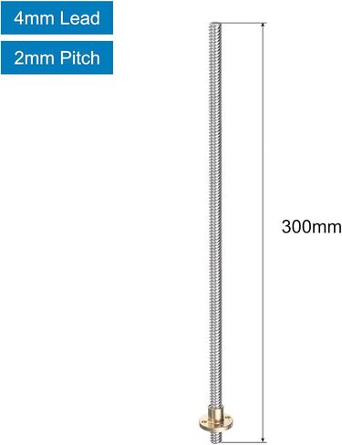 uxcell 2 Pcs 300mm / 12 Inch Tr8x4 Stainless Steel Lead Screw with T8 Brass Nut - [ Acme Thread, 2mm Pitch, 8mm Lead ] for 3D Printer Z Axis, CNC Machine in Saudi Arabia