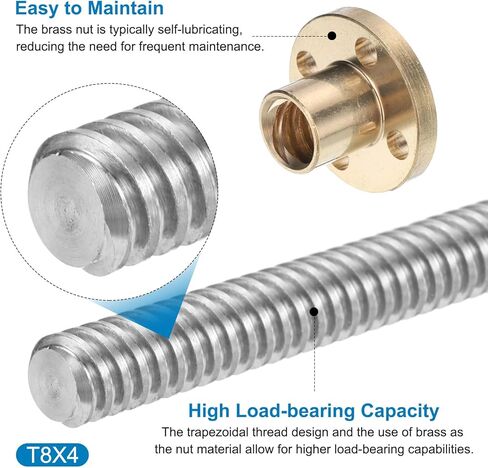 uxcell 2 Pcs 300mm / 12 Inch Tr8x4 Stainless Steel Lead Screw with T8 Brass Nut - [ Acme Thread, 2mm Pitch, 8mm Lead ] for 3D Printer Z Axis, CNC Machine in Saudi Arabia