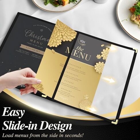 Flexzion Menu Holder 9.4" x 12.4" - Triple Stitched Menu Covers with Clear PVC, Black Binding & Gold Corners, Trifold 3 Pages 6 Views Menu Book for Restaurant, Cafe, Bar, & Catering Hall (6 Pack) in Saudi Arabia