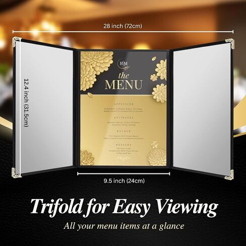 Flexzion Menu Holder 9.4" x 12.4" - Triple Stitched Menu Covers with Clear PVC, Black Binding & Gold Corners, Trifold 3 Pages 6 Views Menu Book for Restaurant, Cafe, Bar, & Catering Hall (6 Pack) in Saudi Arabia