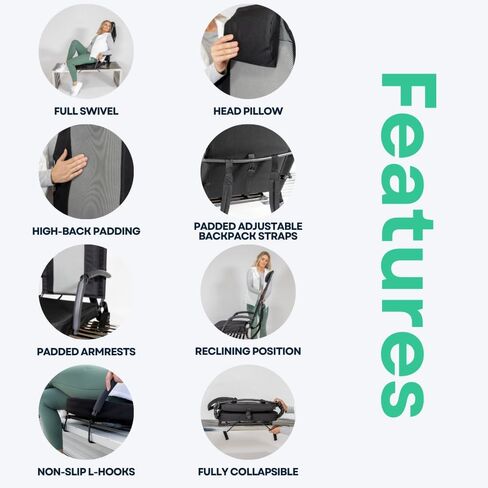 Padded Bleacher Seat – The Ultimate Reclining Stadium Chair with Full Back & Neck Support and 360° Swivel – Lightweight, Foldable, and Portable with Backpack Straps - Patent Pending in Saudi Arabia