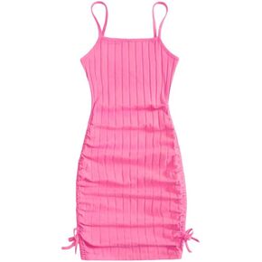 EXARUS Girls Bodycon Tight Spaghetti Strap Mini Short Dress Ribbed Knit Summer Sleeveless Ruched Pencil Dresses 8-14Y