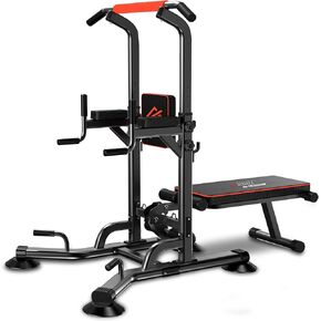 SQUATZ Pull-Up Workout Station with Bench - Multifunctional Gym Equipment Setup w/Pulling Bar, Sit-Up Board, Backrest, Elbow Pad, & Steel Main Frame, Great for Home Exercise and Weight Training