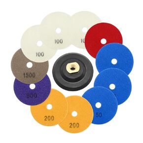 11Pcs Diamond Polishing Pads 4 Inch with 1Pc Backer Pad Diamond Concrete Polishing Pads Wet Dry Set 50 100 200 400 800 1500 Grit for Granite Concrete Marble Quartz Polishing 11+1 Pack