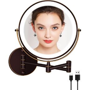 Rechargeable Wall Mounted Lighted Makeup Mirror 8 Inch Bathroom Mirror Double-Sided 1X/5X Magnification 3 Color Lights Dimmable LED Vanity Mirror Touch Screen 360° Swivel 13 Inch Extendable