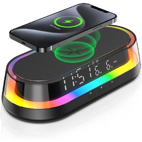 Alarm Clock for bedrooms,15W Wireless with USB Charging Port Nightlight Alarm Clock,LED Display,colorful atmosphere lights,Touch Bedside Alarm Clock with Adjustable Brightness