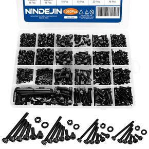 NINDEJIN M2 M3 M4 M5 Hex Socket Head Cap Screw Bolts Nuts and Washer Assortment Kit, 1060PCS Black Machine Screws Set, 12.9 Carbon Steel Small Metric Screws with 4PCS Allen Wrenches