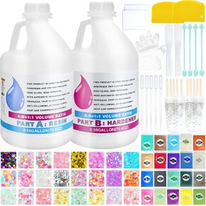 Epoxy Resin 1.1 Gallon Kit, Crystal Clear Epoxy Resin Kit, Table Top Epoxy Resin Self-Leveling, Not Yellowing, No bubbles,Casting&Coating for DIY Art&Crafts,Jewelry Making,Table Top,Wood,Resin Molds