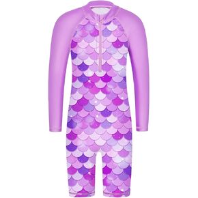 TFJH E 1PCS Long Sleeve Girls Bathing UPF 50+ Rash Guard Suits Swimsuts Zip 3-14Y