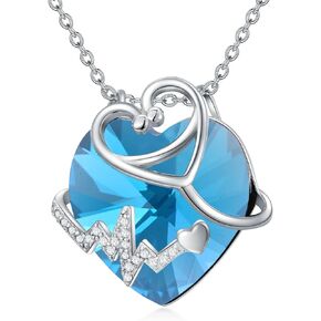 LONAGO Stethoscope Necklace with Heart Crystal from Austria, Nursing Stethoscope Pendant Necklace with Birthstone 2023 Graduation Nurse Gift for Women
