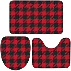 3 Pieces Bathroom Rugs and Mats Sets, Non Slip Water Absorbent Bath Rug, Toilet Seat/Lid Cover, U-Shaped Toilet Mat, Home Decor Doormats - Buffalo Plaid Lattice and Bear Red and Black in Saudi Arabia
