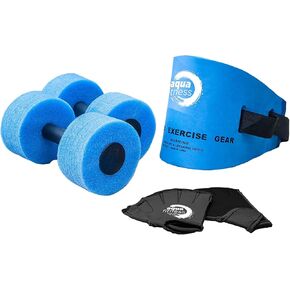 New Aqua 6-Piece Water Fitness Set – Exercise Equipment for Water Aerobics and Other Pool Exercise – includes Aquatic Swim Belt, Resistance Gloves, and Dumbbells