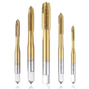 5Pcs Machine Screw Tap Set, Spiral Flute Drill Taps Metric Thread Tapping Tool | Titanium Coated HSS 6542 Spiral Point Plug Threading Tap M3 M4 M5 M6 M8