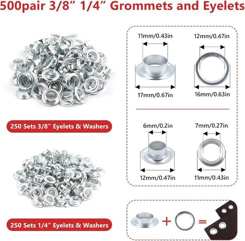 Newdeli Desktop Grommet Tool Kit- 3/8 inch Hand Press Grommet Plier with 1/4 inch Grommet Die and 500 Pairs 3/8" 1/4" Metal Eyelets and Grommets for Fabric Tarps Leather- 10mm 6mm Punch Eyelet Tool in Saudi Arabia