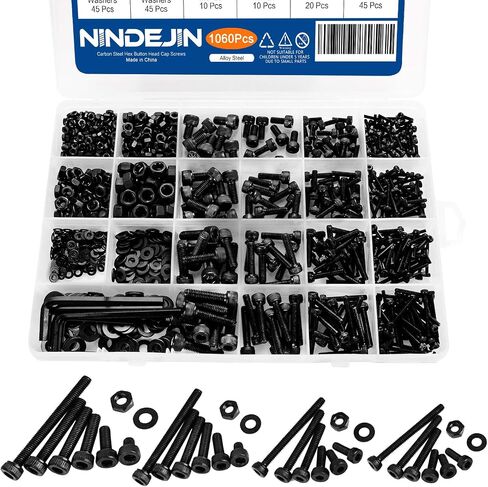 NINDEJIN M2 M3 M4 M5 عرافة المقبس رئيس غطاء المسمار البراغي المكسرات والغسالة مجموعة متنوعة، 1060 قطعة مجموعة مسامير آلة سوداء، 12.9 مسامير مترية صغيرة من الفولاذ الكربوني مع 4 قطع مفاتيح ألين in Kuwait