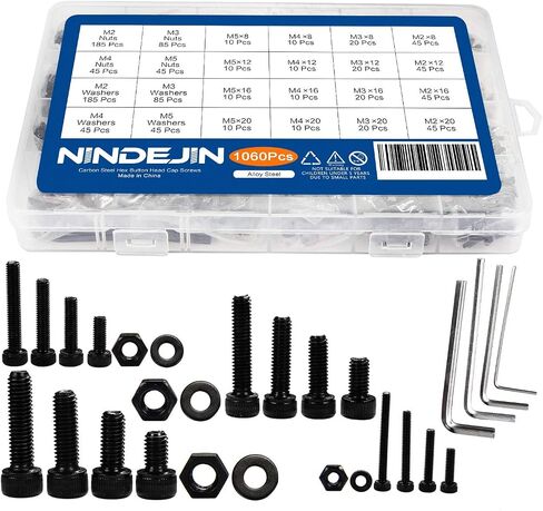 NINDEJIN M2 M3 M4 M5 عرافة المقبس رئيس غطاء المسمار البراغي المكسرات والغسالة مجموعة متنوعة، 1060 قطعة مجموعة مسامير آلة سوداء، 12.9 مسامير مترية صغيرة من الفولاذ الكربوني مع 4 قطع مفاتيح ألين in Kuwait