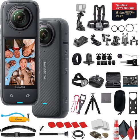 Insta360 X4 - كاميرا أكشن مقاومة للماء 360 8K مع مستشعر 48 ميجابكسل، فيديو 5.7K 360، صورة 72 ميجابكسل 360، تحرير الذكاء الاصطناعي لمنشئي المحتوى، الرياضة، السفر، الهواء الطلق + مجموعة ملحقات 50 في 1 + بطاقة 64 جيجابايت + المزيد in Saudi Arabia