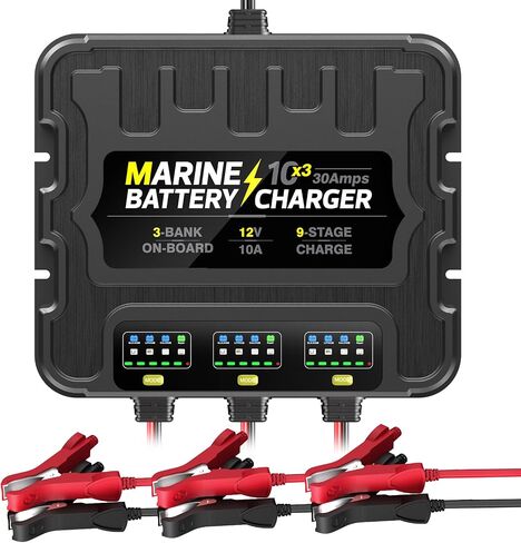شاحن بطاريات 3 Bank Marine، 12V 30A (10A/Bank) شاحن بطارية ذكي مقاوم للماء على متن القارب، جهاز صيانة البطارية وإزالة الكبريت لبطاريات SLA/AGM/الليثيوم (LiFePO4)، والكالسيوم والدورة العميقة in Kuwait